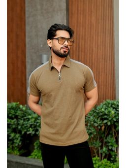 GRITSTONES - Men Khaki Waffle Knit Zipper Polo Collar T-shirt