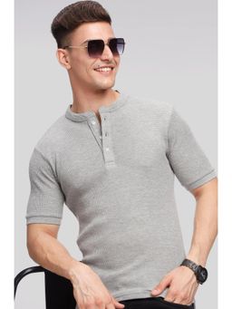 GRITSTONES - Men Grey Melange Waffle Knit Henley T-shirt