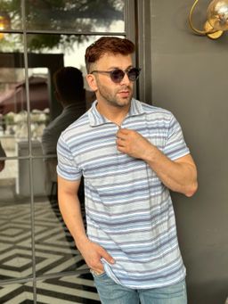 GRITSTONES - Men Grey White Stripe Zipper Polo T-shirt