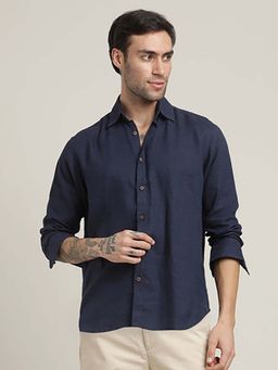 Saltpetre - Bay Side Relaxed Fit Linen Blend Navy Blue Shirt