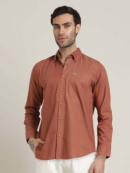 Saltpetre - Hugh Button Down Regular Fit Cotton Linen Terracotta Brown Shirt