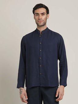 Saltpetre - Field Relaxed Fit Mandarin Collar Linen Blend Navy Blue Shirt