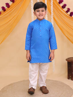 AJ Dezines - Blue Cotton Full Sleeves Checks Kurta and Pyjama