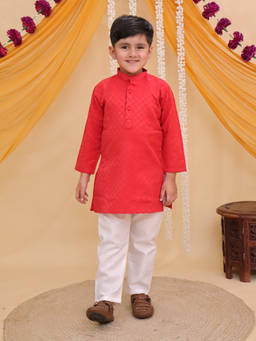 AJ Dezines - Dark Orange Cotton Full Sleeves Checks Kurta and Pyjama