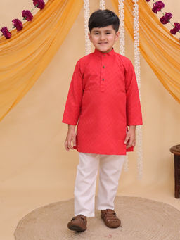 AJ Dezines - Red Cotton Full Sleeves Checks Kurta and Pyjama