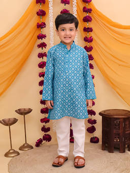 AJ Dezines - Blue Cotton Full Sleeves Printed Kurta and Pyjama