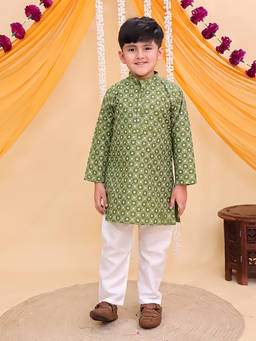 AJ Dezines - Green Cotton Full Sleeves Printed Kurta and Pyjama