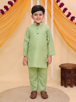 AJ Dezines - Green Cotton Full Sleeves Solid Kurta and Pyjama