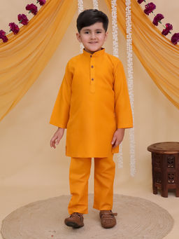 AJ Dezines - Mustard Cotton Full Sleeves Solid Kurta and Pyjama