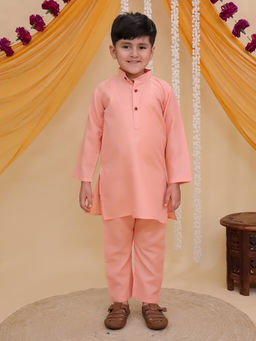 AJ Dezines - Peach Cotton Full Sleeves Solid Kurta and Pyjama