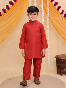 AJ Dezines - Rust Cotton Full Sleeves Solid Kurta and Pyjama