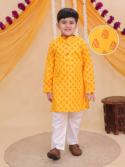 AJ Dezines - Yellow Cotton Full Sleeves Ganesh Idol Printed Kurta and Pyjama