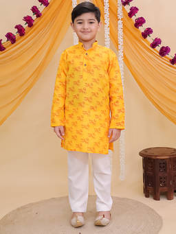 AJ Dezines - Yellow Cotton Full Sleeves Ganesha Printed Kurta and Pyjama