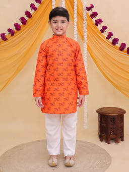 AJ Dezines - Orange Cotton Full Sleeves Ganesha Printed Kurta and Pyjama