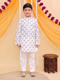 AJ Dezines - White Cotton Full Sleeves Ganesha Printed Kurta and Pyjama