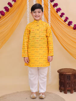 AJ Dezines - Yellow Cotton Full Sleeves Ganesha Printed Kurta and Pyjama