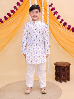 AJ Dezines - Off White Cotton Full Sleeves Krishna Printed Kurta and Pyjama