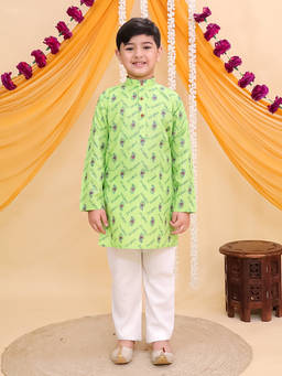 AJ Dezines - Green Cotton Full Sleeves Krishna Printed Kurta and Pyjama