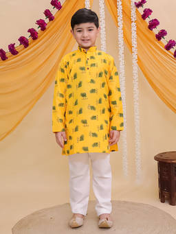 AJ Dezines - Yellow Cotton Full Sleeves Krishna Mor Pankh Printed Kurta and Pyjama