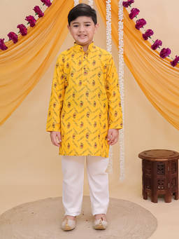 AJ Dezines - Yellow Cotton Full Sleeves Krishna Printed Kurta and Pyjama