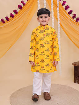 AJ Dezines - Yellow Cotton Full Sleeves Mahakal Printed Kurta and Pyjama