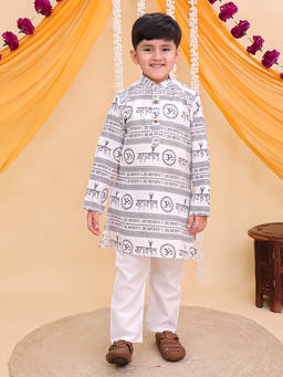 AJ Dezines - White Cotton Full Sleeves Om Mahakal Printed Kurta and Pyjama