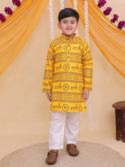 AJ Dezines - Yellow Cotton Full Sleeves Om Mahakal Printed Kurta and Pyjama