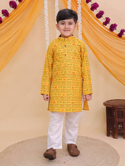 AJ Dezines - Yellow Cotton Full Sleeves Shri Syaam Printed Kurta and Pyjama