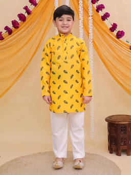 AJ Dezines - Yellow Cotton Full Sleeves Krishna Mor Pankh Printed Kurta and Pyjama