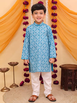 AJ Dezines - Blue Cotton Full Sleeves Printed Kurta and Pyjama