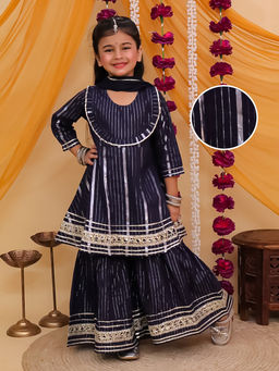 AJ Dezines - Navy Blue Cotton Sleeveless Gota Work Kurti with Sharara & Dupatta