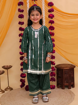 AJ Dezines - Dark Green Cotton Sleeveless Gota Work Kurta with Pant & Dupatta