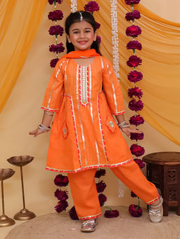 AJ Dezines - Orange Cotton Sleeveless Gota Work Kurta with Pant & Dupatta
