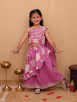 AJ Dezines - Purple Cotton Sleeveless Floral Printed & Gota Work Lehenga & Choli