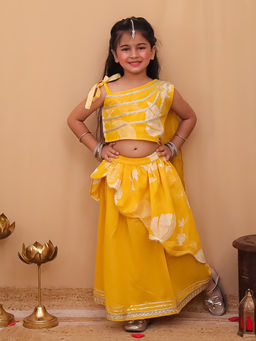 AJ Dezines - Yellow Cotton Sleeveless Floral Printed & Gota Work Lehenga & Choli