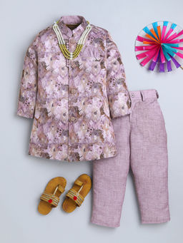 Ahhaaaa - Pink Blend Floral Printed Jodhpuri Bandhgala with Trouser and Maala