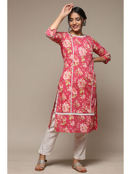 Biba - Womens Pink Printed Cotton Straight Kurta