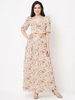 MISH - Beige Floral Skirt And Top Co-ord (Set of 2)