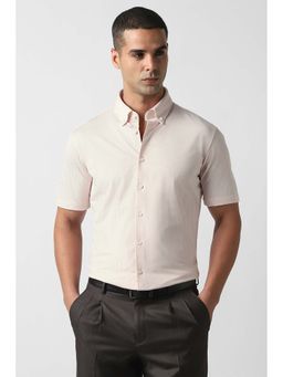Van Heusen - Men Beige Slim Fit Textured Half Sleeves Formal Shirt