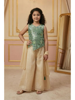 Lagorii - Green Embroidered Top with Ivory Palazzo and Dupatta