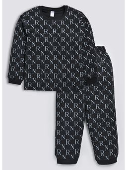 Nottie Planet - Alphabet Printed Full Sleeve T-Shirt With Pant- Black (Set of 2)