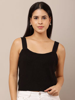 NOBARR - Women Viscose Sleeveless with Square Neck Ribbed Black Tank Top