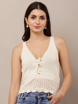 NOBARR - Women Acrylic Sleeveless V Neck Crop Crochet Off White Top