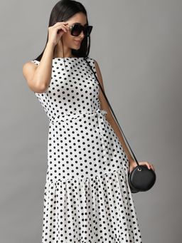 SHOWOFF - Womens Round Neck Maxi White Polka Dots Dress (Set of 2)