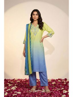 Aurelia - Women's Lime Green Ombre Embroidered Straight Kurta with Palazzo and Dupatta Set