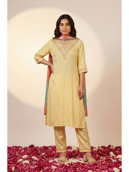 Aurelia - Women's Yellow Textured Shantung Embroidered Kurta with Trouser & Dupatta Set
