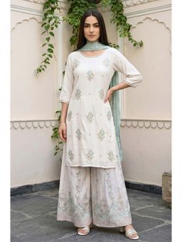 Aurelia - Women's Off White Embroidered Straight Kurta with Palazzo and Dupatta Set