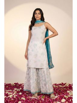 Aurelia - White-Blue Floral Printed Kurta with Sharara and Dupatta
