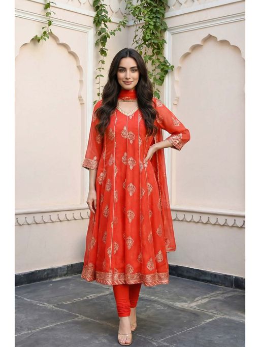 Aurelia Women's Orange Floral Foil Printed Anarkali Kurta with Tights and Dupatta Set