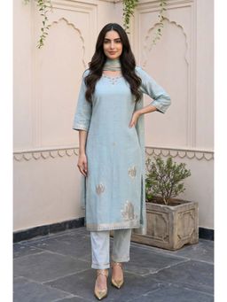 Aurelia - Women's Greyish Blue Embroidered Straight Jacquard Kurta with Trouser and Dupatta Set
